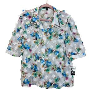 NWT AZI XL Floral Sheer Rhinestone‎ White Top Blouse Boho Festival Lagenlook